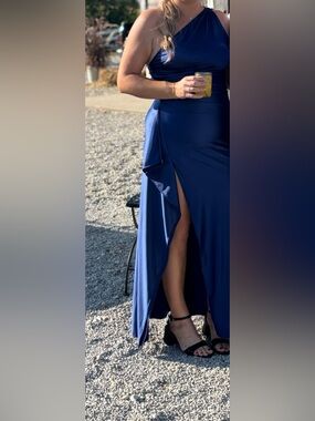 Amazon Women One-Shoulder Navy Blue Evening Gown